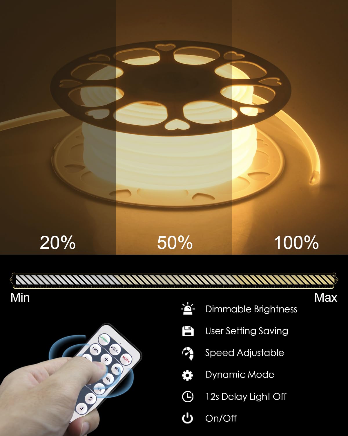 Alitove 120V 110V Cob Led Strip Light Kit Dimmable Waterproof Ip67 3000K 65.6Ft Warm White Led Light Strips Outdoor 5760Leds Super Bright Neon Rope Lights With Remote For Home Commercial Lighting