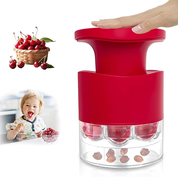 Cherry Pitter - Quick Release Multi Cherries Stoner Pitter 7-in-1, Push Button Cherr'y Core Pit'ter Tool Multiple with Splatter Protector, Pit Seed Remover for Making Jam Cherry Dishes (Red-7 Holes)