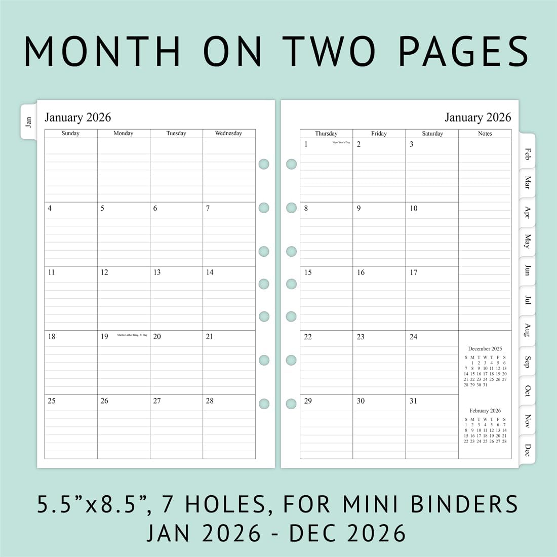 newestor 2026 Weekly & Monthly Planner Refill, 5-1/2" x 8-1/2", Jan 2026 to Dec 2026, 7-Hole Punched for Mini Binders