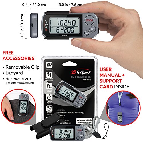 Realalt 3DTriSport Walking 3D Pedometer with Clip & Strap, eBook Included 30 Days Memory Accurate Step Counter, Walking Di...