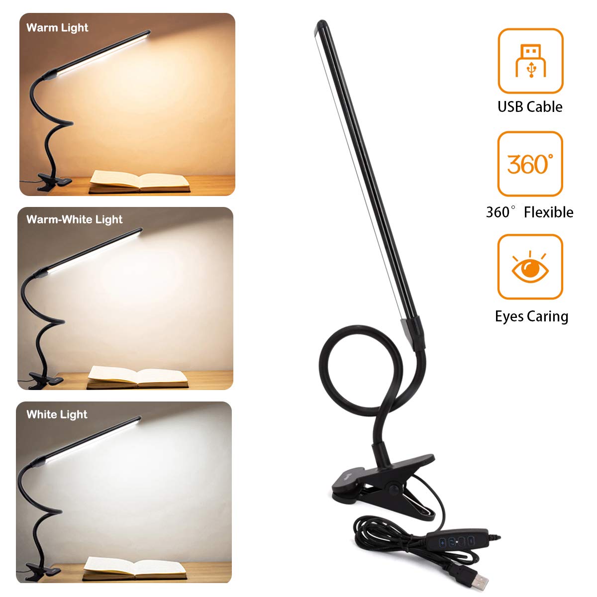 Cesunlight Clamp On Desk Lamp - 3 Color Temperatures, 10 Brightness Levels, Usb Power Supply, Black, Pack Of 2, Model B03