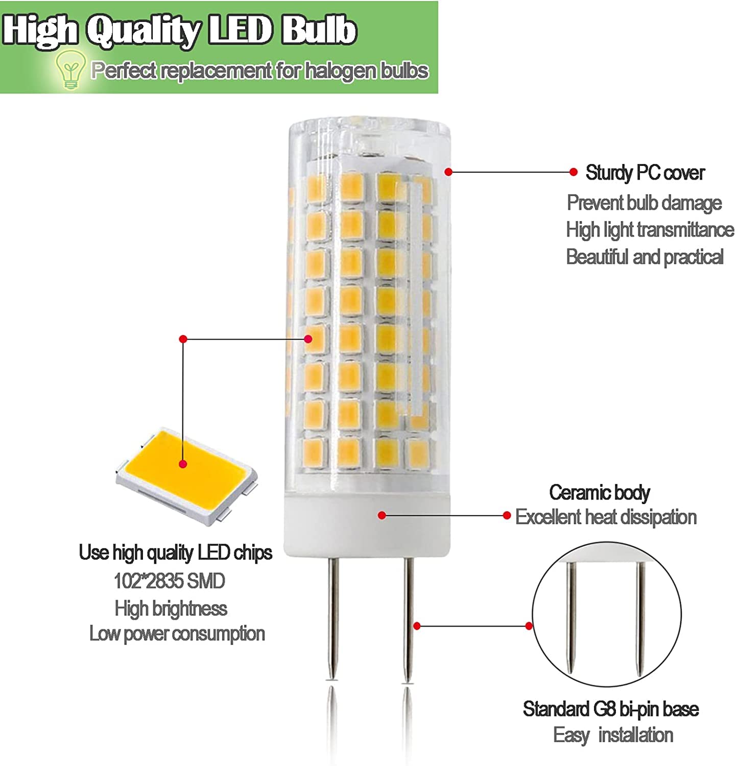 G8 Led Bulb Dimmable 7W Equivalent To G8 Halogen Bulb 75W-80W  Gy8.6 /G8 Bi-Pin Base Light Bulb Ac 120V G8 Bulb For Under Cabinet Light  Under Counter Kitchen Lighting Warm White 3000K 5 Pack