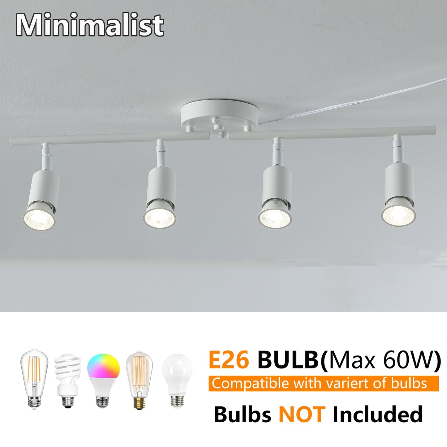 Vivihobb Plug In Track Light White 4 Light Plug In Ceiling Lighting Fixture With 16.4 Long Cord 4 Way Ceiling Spotlight Rotatable Wall Mount Light Head