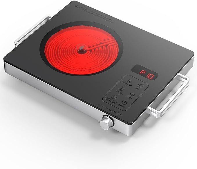 Portable Ceramic Cooktop Infrared Hot Plate,Stainless Steel Countertop Burner With Double Rings Heating Dual Control 10 Power 3H Timer Electric Stove For Cooking 1800W(Gray)
