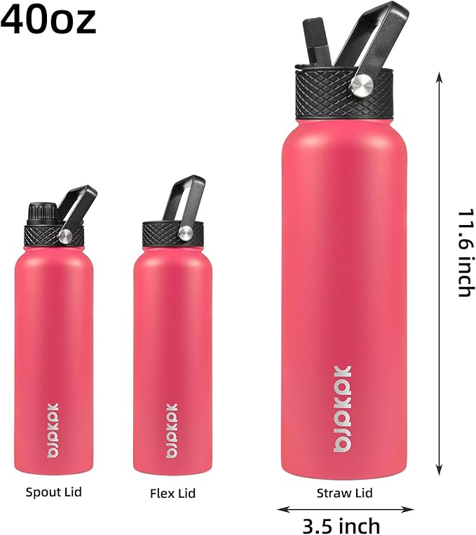 BJPKPK Insulated Water Bottles with Straw Lid, 40oz Stainless Steel Water Bottles with 3 Lids, BPA Free Leakproof Thermo, Tumblers, Cups for Sports, Gym- Rose Pink