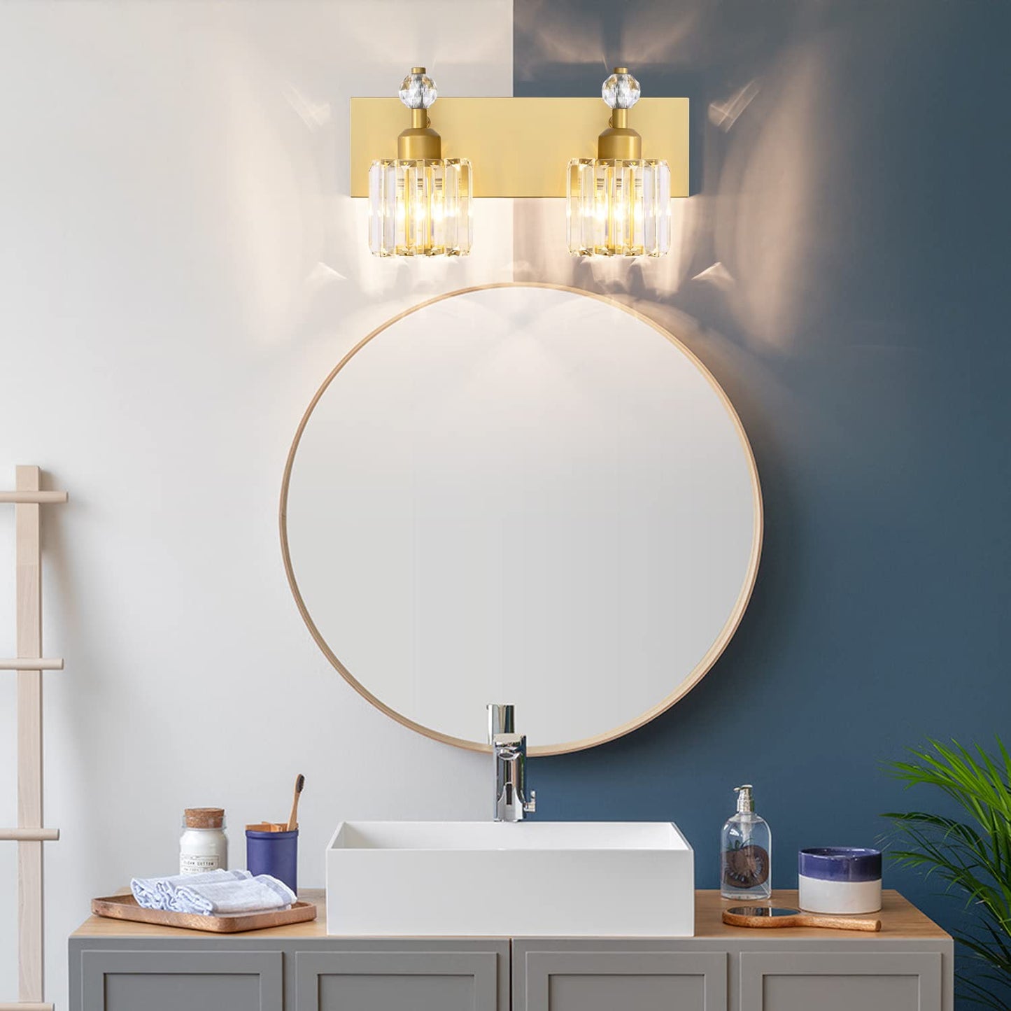 Presde Modern Chrome 2-Light Bathroom Vanity Light - Stainless Steel, Gold Finish, Over Mirror Sconce