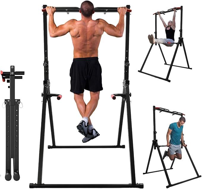 Fenjidrop Foldable Pull Up Bar Stand, 440LBS Capacity Adjustable Height Dip Station for Home Gym, Strength Training Equipm...