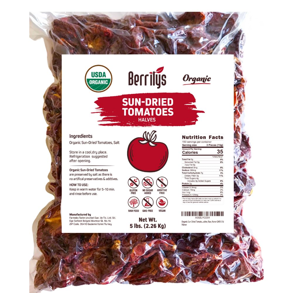 Berrilys Organic Sun-Dried Tomatoes, Salted, No Sulfur, No Preservatives, Kosher, Raw, Non-GMO, Great Ingredient for Baking and