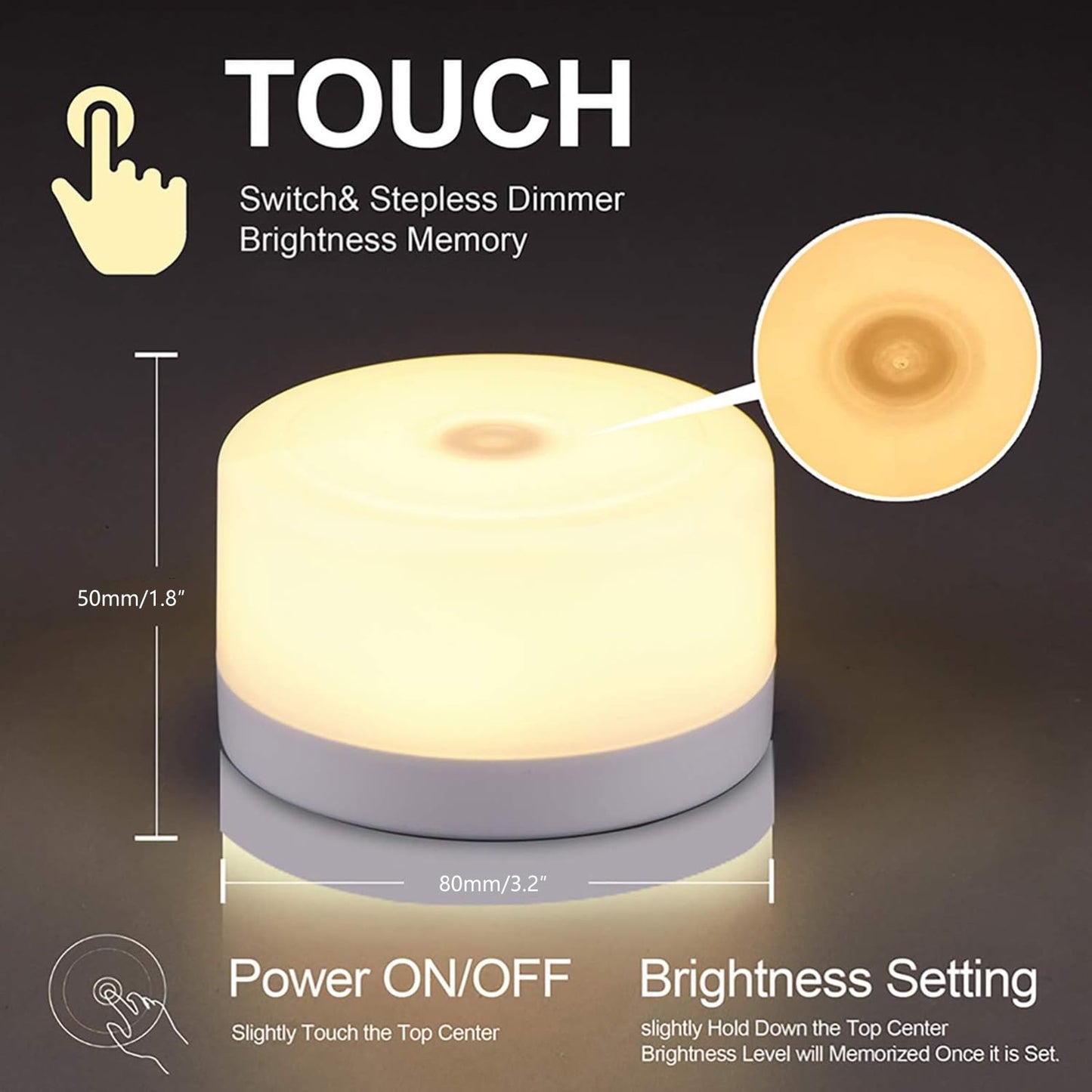 S SELDORAUK Touch Night Light for Kids, Dimmable, Rechargeable, Plastic, 80x80x45MM, Warm White, Model CATT-001