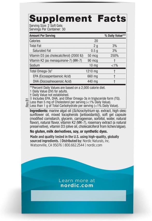 Nordic Naturals Ultimate Omega Plant Based Vitamin with Vitamin D3+K2-60 Vegetarian Soft Gels - 1210 mg Omega-3s Plus 2000 IU D3 and 90 mcg K2 - Promotes Brain Health - Non GMO - 30 Servings