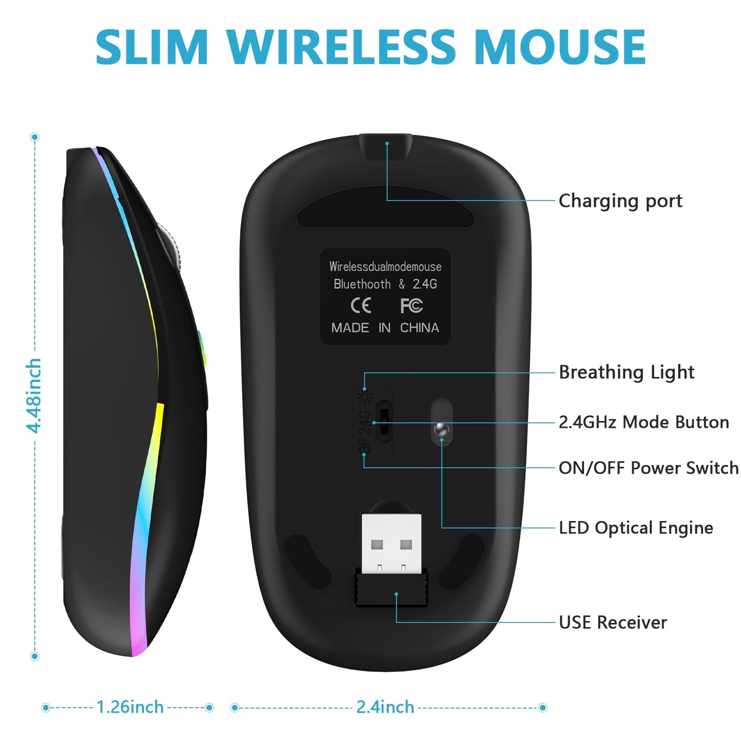 HZD LED Wireless Mouse, Slim Silent Rechargeable Mouse, 2.4G Portable USB Optical Mouse with Type C Adapter, 3 Adjustable DPI Levels 1600/1200/800 for Laptop/Tablet/Computer