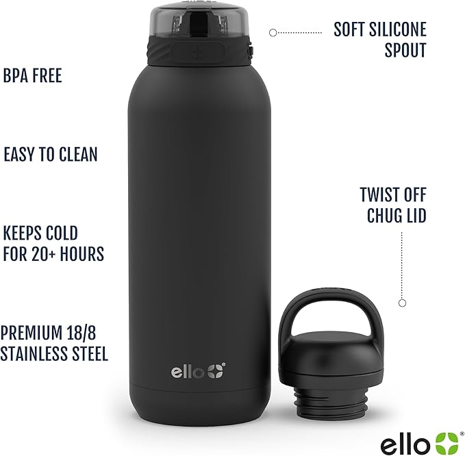 Ello Cooper 40oz Stainless Steel Water Bottle with 2 Lids Chug and Straw | Leak Proof | Double Walled and Vacuum Insulated | Built in Carry Loop | Dishwasher Safe | Bubblegum Pink