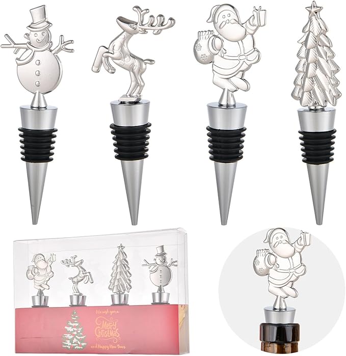 4 Pack Christmas Wine Stoppers, Alloy Wine Bottle Stoppers for Xmas Decoration, Bottle Stopper for Keeping Wine Fresh, Wine Accessories Gift for Hostess - Wine Bottle Corkers
