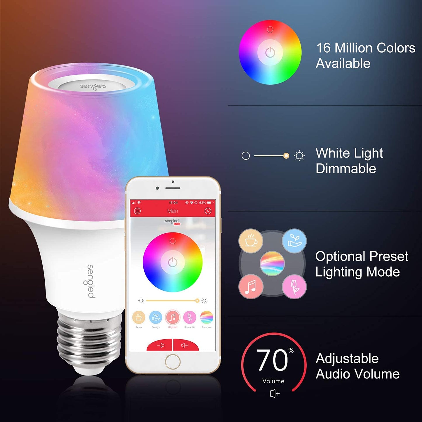 Sengled Solo RGBW Bluetooth Light Bulb Speaker, Dimmable, 60W Equivalent, App Controlled, E26, 16 Million Colors, Model S21-N15WA