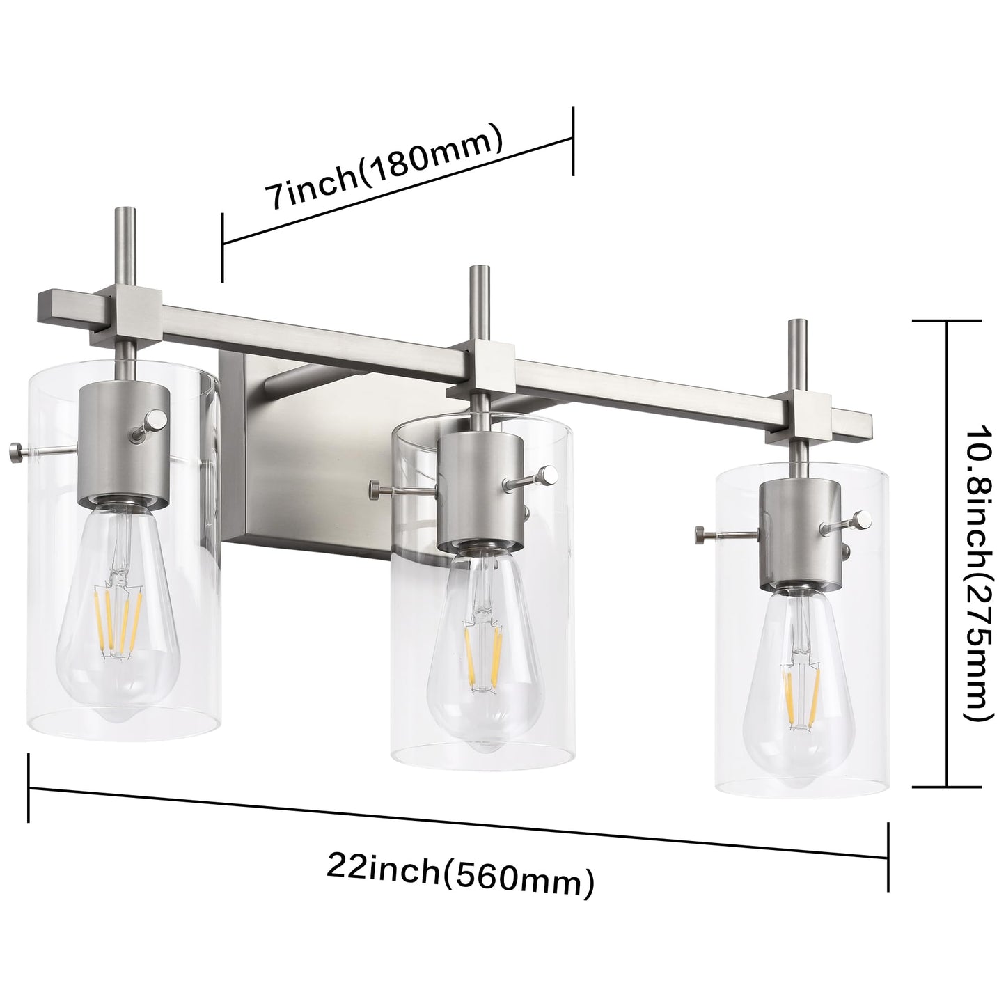 Solfart 3 Lights Vanity Light Fixture, Brushed Nickel, Glass Shade, Model 7200-3T-Nk, Vintage Bathroom Lighting Over Mirror