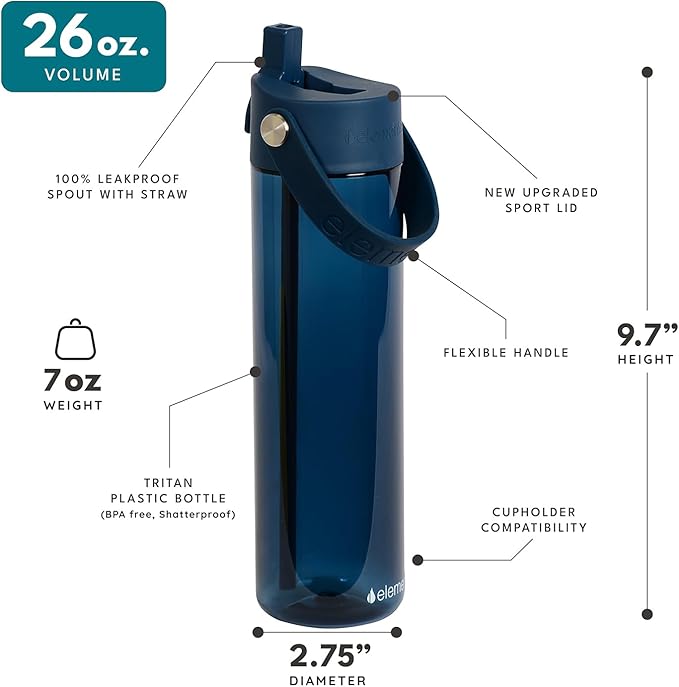 Elemental Splash Water Bottle with Straw - BPA-Free Tritan Plastic Reusable Water Bottle with Strap - Ideal for Travel, Gym and Sports - Leak Proof when Spout is Closed - 26oz - Navy Blue