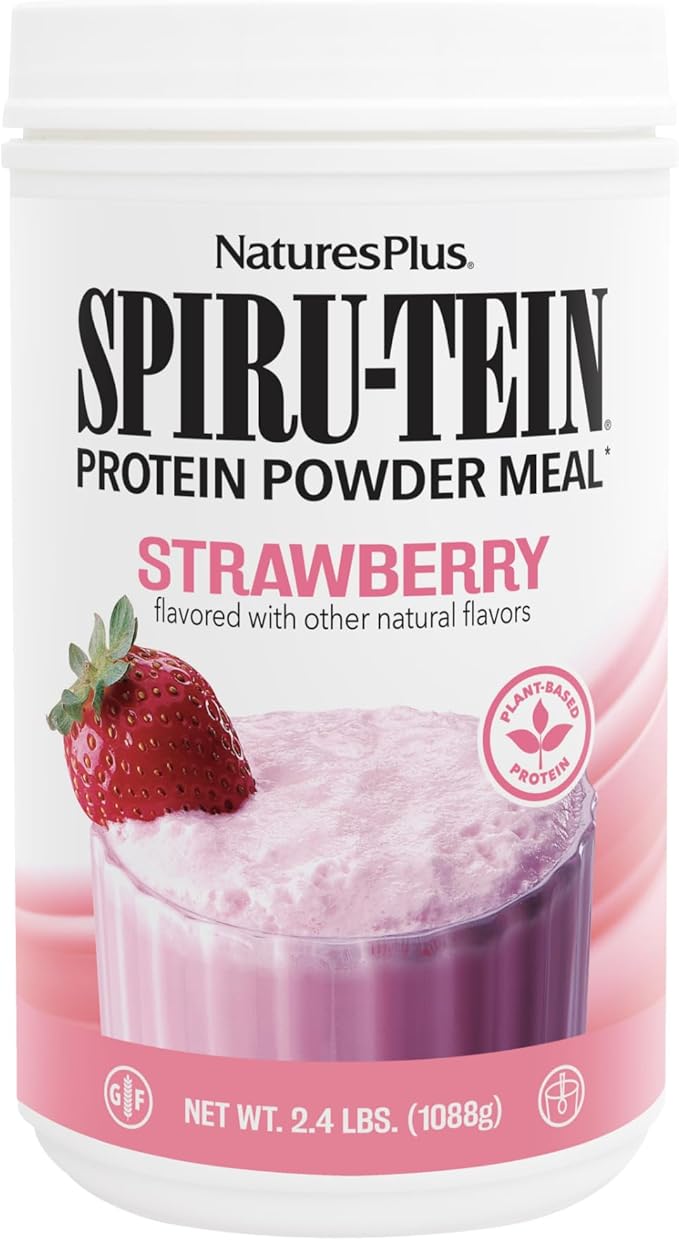 Natures Plus SPIRU-TEIN, Strawberry - 2.4 lb - Plant-Based Protein Shake - Non-GMO, Vegetarian, Gluten Free - 32 Servings