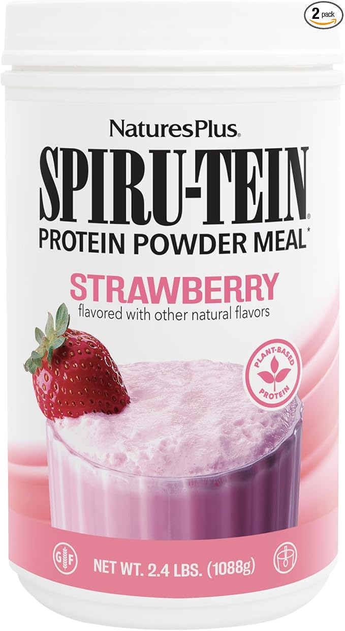 Natures Plus SPIRU-TEIN, Strawberry - 2.4 lb, Pack of 2 - Plant-Based Protein Shake - Non-GMO, Vegetarian, Gluten Free - 64 Total Servings