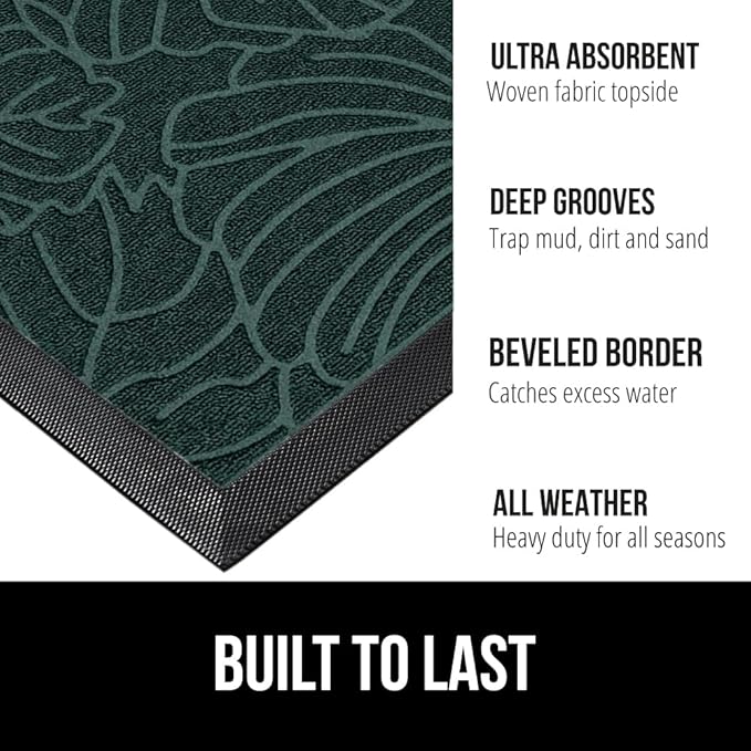 GORILLA GRIP 100% Waterproof All-Season WeatherMax Doormat, Durable Natural Rubber, Stain and Fade Resistant, Low Profile, Indoor Outdoor Door Mats, Easy Clean Patio Entrance Mat, 17x29, Green Palm