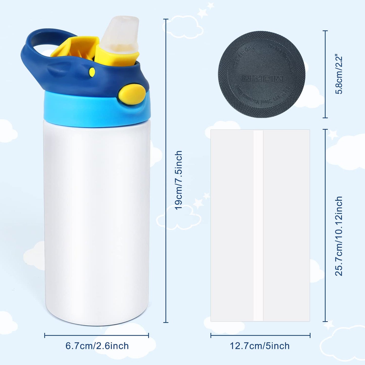Mocaru Kids 12oz Sublimation Water Bottle with Pop-up Straw and Handle, Stainless Steel Insulated Sippy Cups Blanks with Shrink Films (6 Pack)