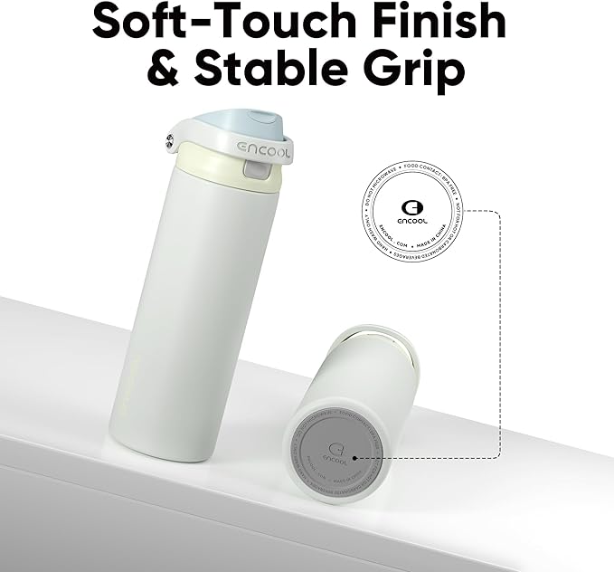 ENCOOL Leakproof Insulated Water Bottle with Straw Dual-Sip Water Bottle Bag-Safe Design for Work, Commute & Gym – Keeps Drinks Cold All Day, 32 oz, Cloud-Hill White