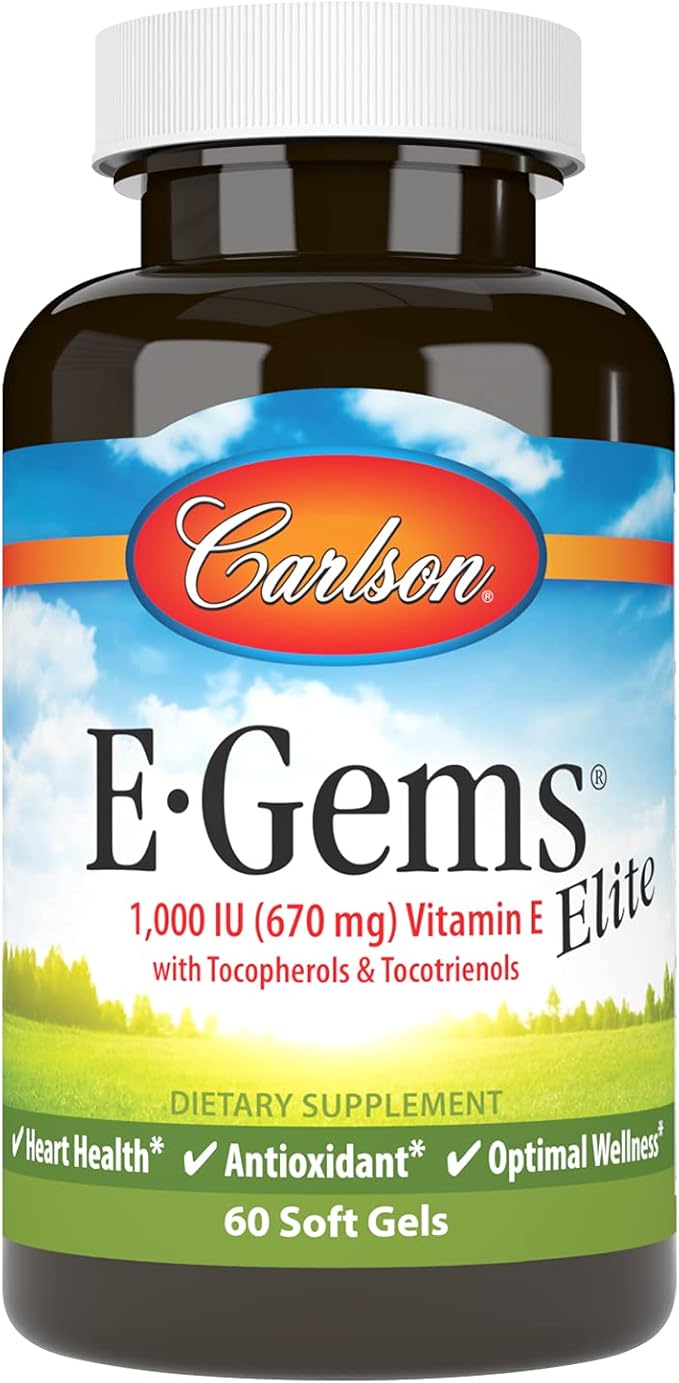 Carlson - E-Gems Elite, 1000 IU (670 mg) Vitamin E with Tocopherols and Tocotrienols, Optimal Wellness, 60 Softgels