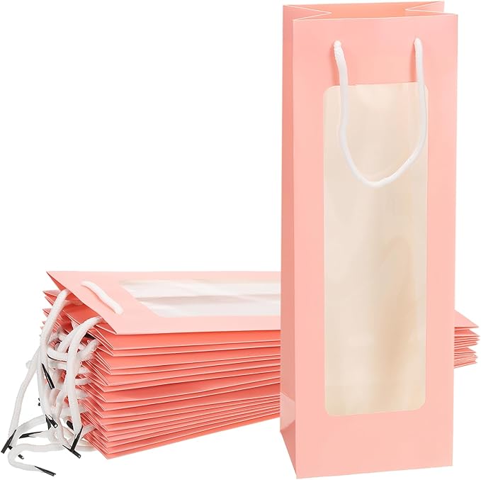 uxcell Wine Bags, 12pcs 4.92"x3.35"x14.2" Wine Gift Bags with Rope Handles, Paper Wine Tote Bag with Clear Window for Wedding Birthday Christmas Party Supplies, Pink