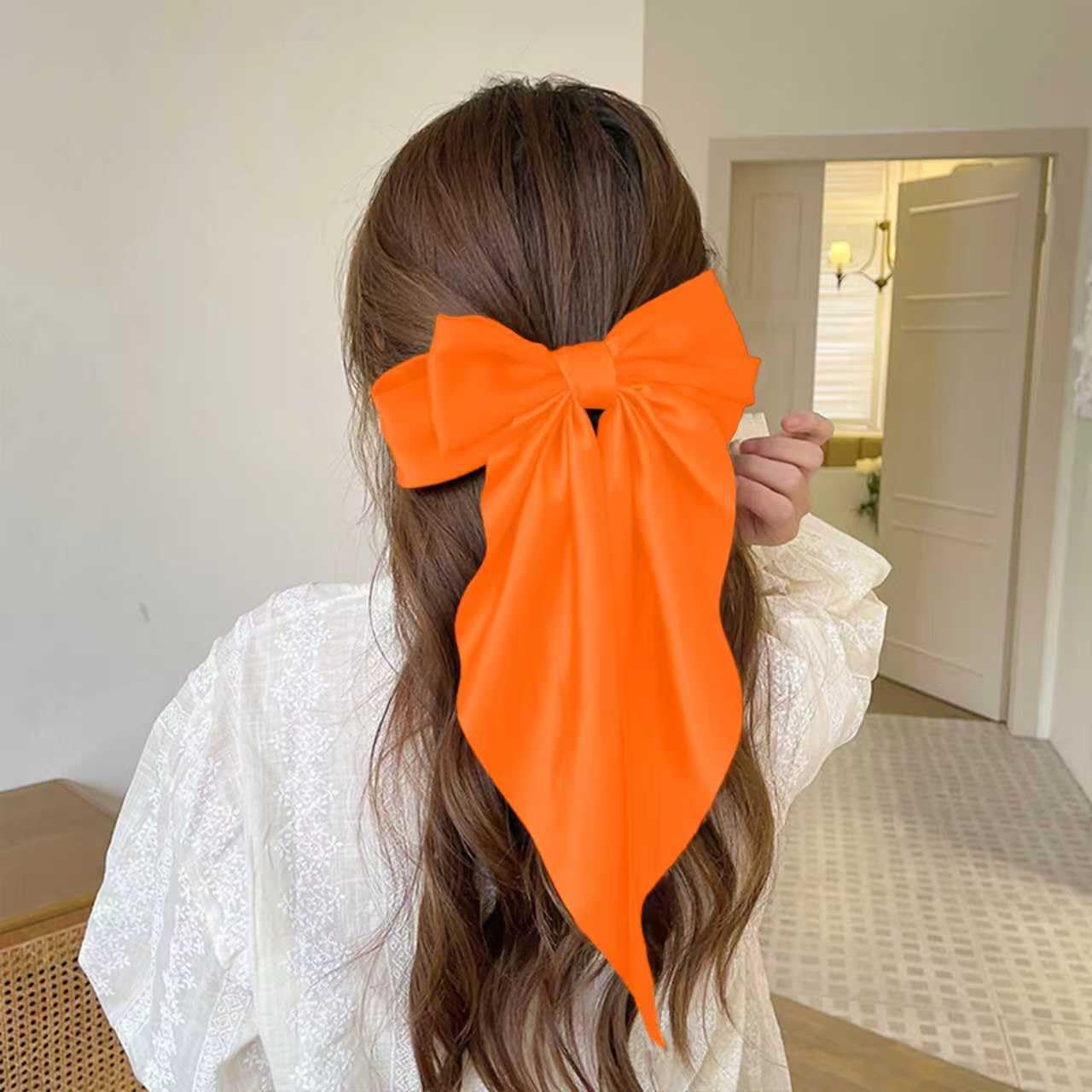 Hair Bows for Women Girls - Silky Satin Bow Hair Clip with Long Tail Ribbons - Aesthetic Halloween Hair Accessories (Bright Oran