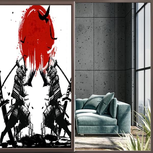 Japanese Samurai Stained Glass Film Watercolor Ink Samurai Sword Red Sun Printwindow Tinting Film for Home,Window Film Stained Glass 17.7Wx23.6L-Inch X1Pcs