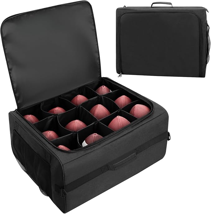 Football Bag Holds 12 Official-Size Footballs, 12-Compartment Ball Carrier with Dividers, Top-Open Organizer Case with Sho...