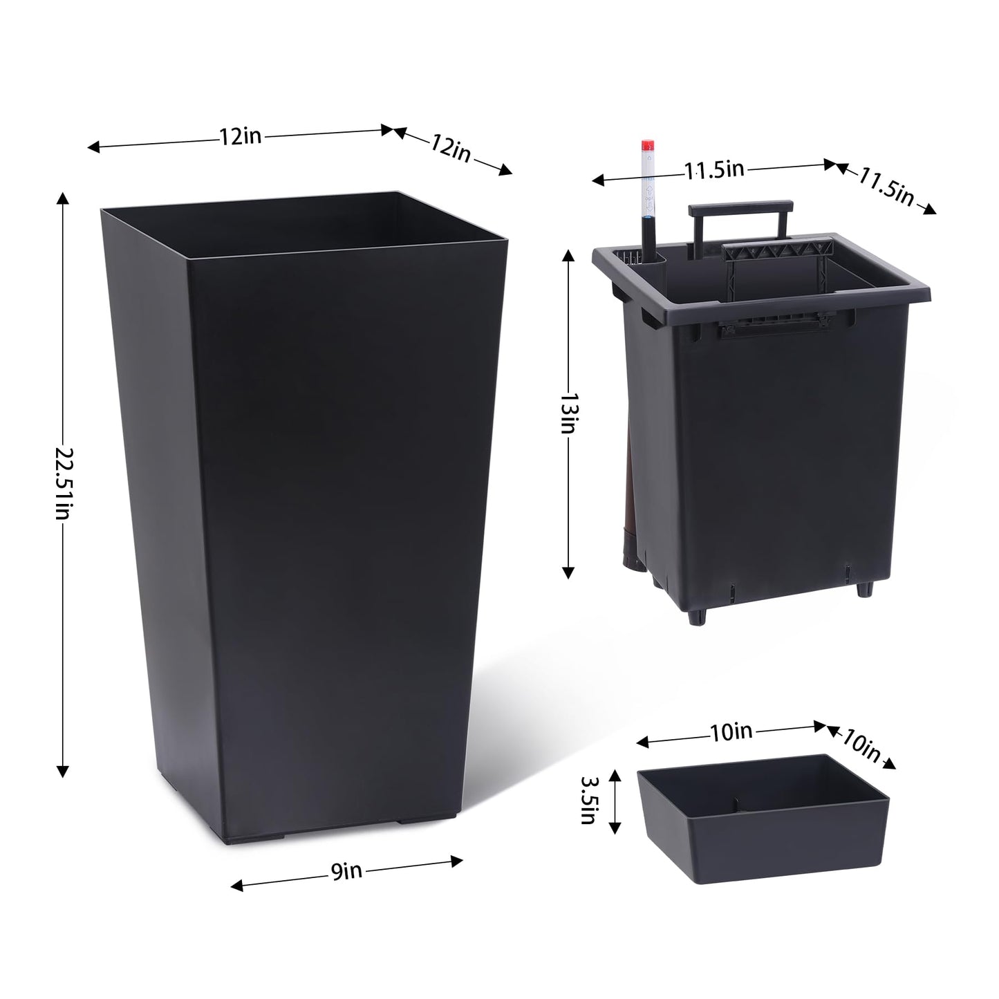 Garvee 22.5" Tall Planters Set of 2, Outdoor＆Indoor Black Planter Pots, High Front Porch Planter Pots with Drainage Holes＆Water Level Monitor＆Inner Bucket,Black