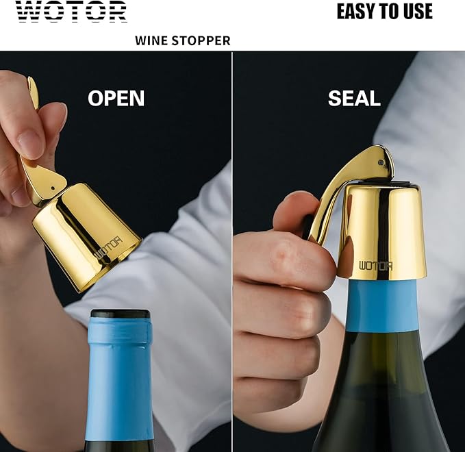 WOTOR Stainless Steel Wine Bottle Stoppers with Silicone - Reusable Wine Saver and Decorative Bottle Sealer, Leakproof, Keep Fresh, Gold, 2 Pack