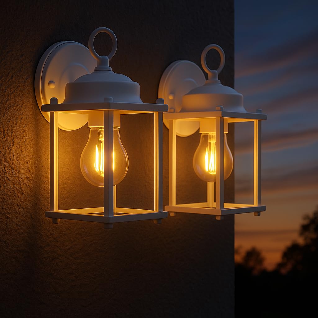Gruenlich Outdoor Wall Sconce  Exterior Wall Lighting Fixtures With Clear Glass  Front Porch Lighting  Anti-Rust Outside Lights For Patio  Doorway  White  2 Pack