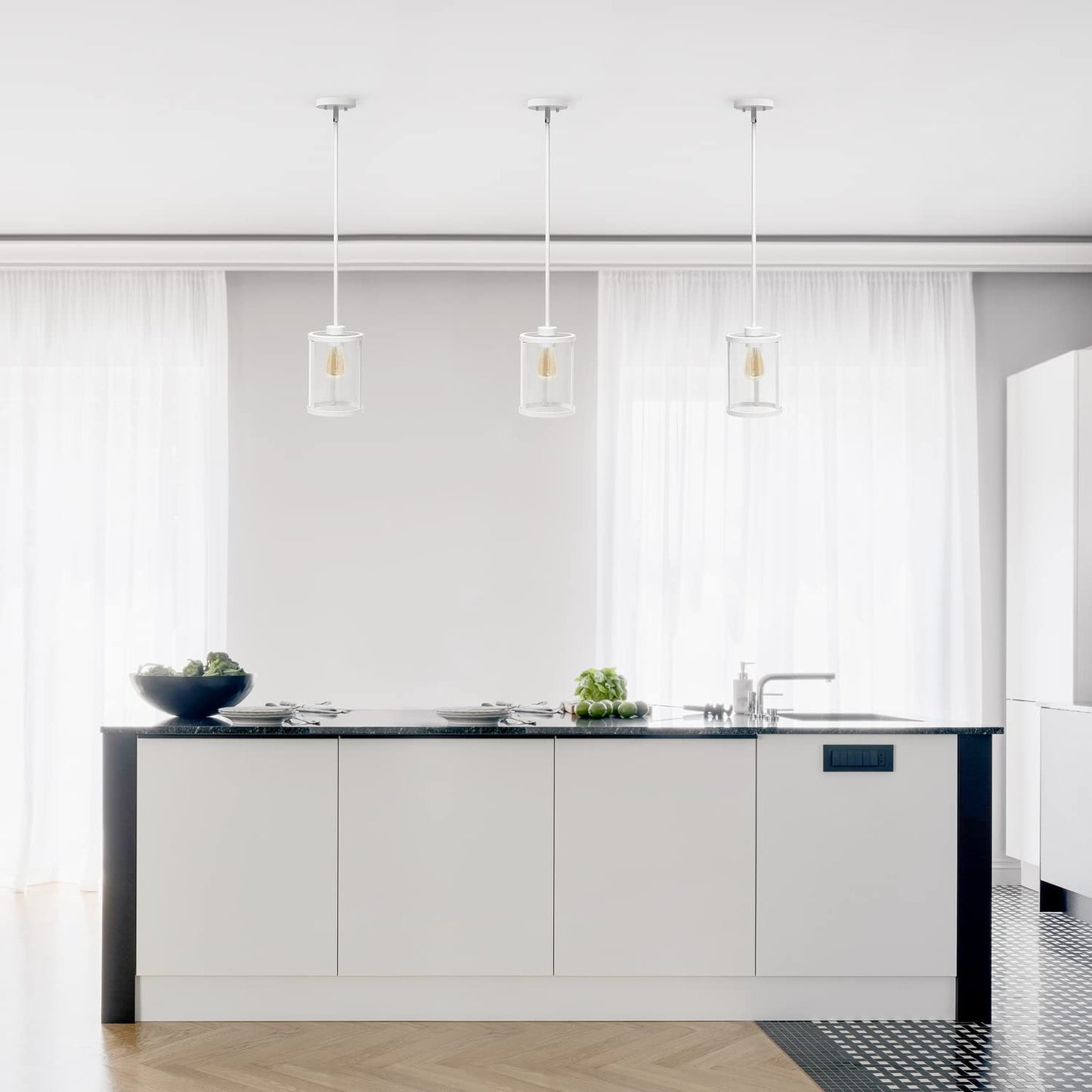Lalia Home 1-Light Hanging Pendant Fixture, Clear Glass, Metal Accents, 9.25in Modern Farmhouse, White, Model 1270-LHP-3002-WH