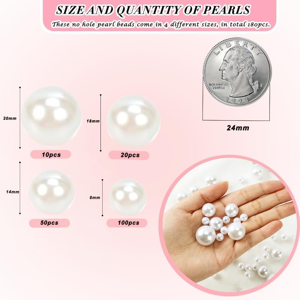 Pearl Beads No Hole Pearls for Crafting 180 Pcs Fake Pearls Bulk Faux Pearls for DIY Crafts Jewelry Making Vase Filler Floating Candle Wedding Birthday Party Home Decorations (Ivory, 8/10/14/20mm)