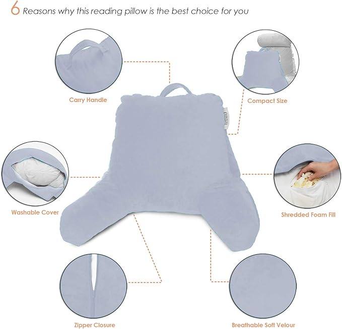 Nestl Reading Pillow for Kids, Small Bed Pillow, Back Pillow for Sitting in Bed, Memory Foam Chair Pillow, Reading & Bed Rest Pillows, Ice Blue Back Pillow for Bed, Arm Pillow with Pockets