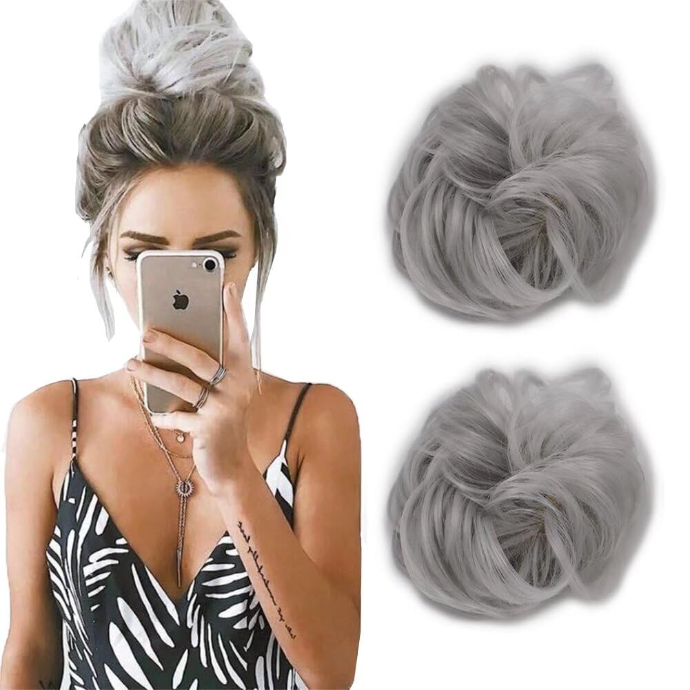 iLUU 2 Pieces Women 's Curly Messy Buns Hair Scrunchie Wigs Hair Extensions Silver Color Wavy Synthetic Updo Curly Hair Bun Exte