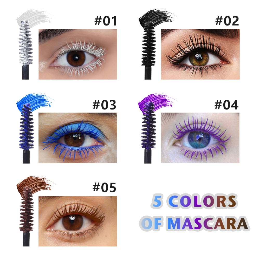 Waterproof 5PCS Colorful Voluminous Mascara Set - Lengthening, Defining, Curling, Multiplying Formula (Cruelty-Free)-White Black
