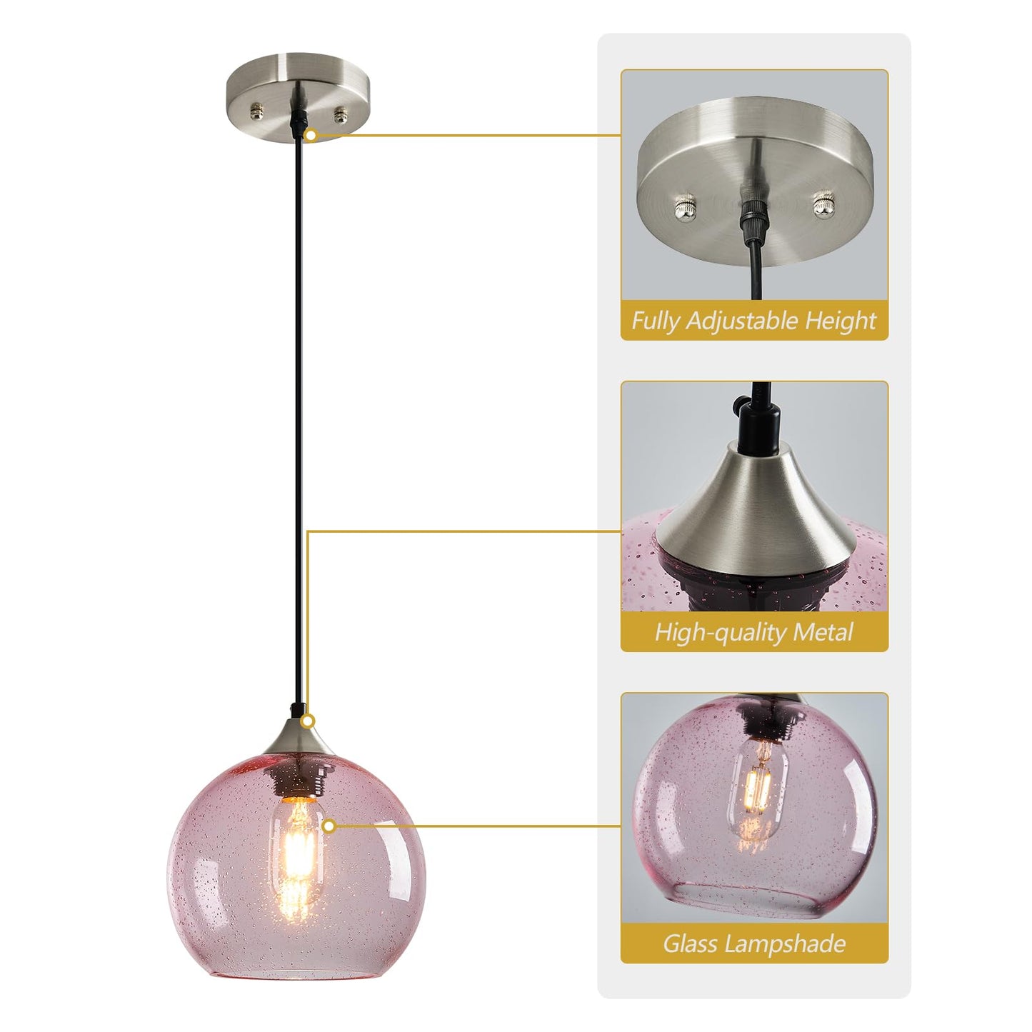 Lbsqj Pink Glass Pendant Lights Kitchen Island Lighting Globe Pendant Light Fixtures Modern Pendant Lighting For Bedroom Living Dining Room Light Fixture (7.87 In  1 Pack)