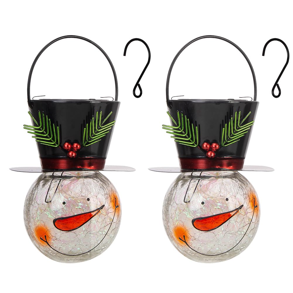 Starsoul 2 Pack Snowman Solar Lanterns  Christmas Outdoor Hanging Lantern Waterproof Decorative Snowman Lights Decor For Garden  Patio  Yard  Porch  Xmas Holiday Party Decor (Small Leaves)