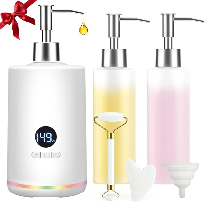 Massage Oil Lotion Warmer, Massage Oil Heater for SPA Massage Therapy and Personal Use, Portable Body Oil Warmer Dispenser with Two Massage Bottles, Adjustable Temperature(86-149°F), White