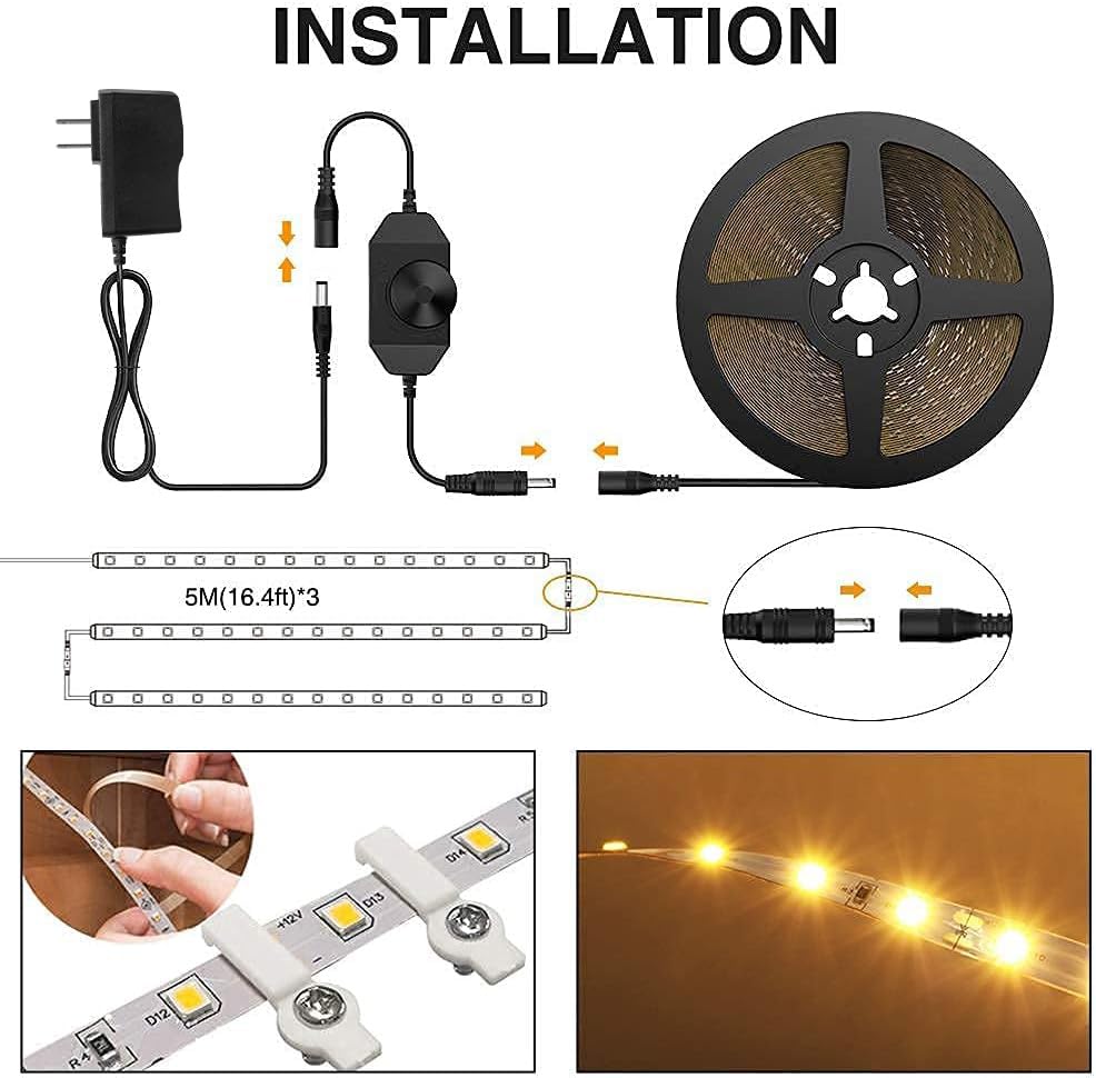 Onforu 49.2Ft Warm White Led Strip Lights, Dimmable 3000K, 2835 Leds, 12V Adhesive Rope Light For Kitchen, Bedroom, Wardrobe