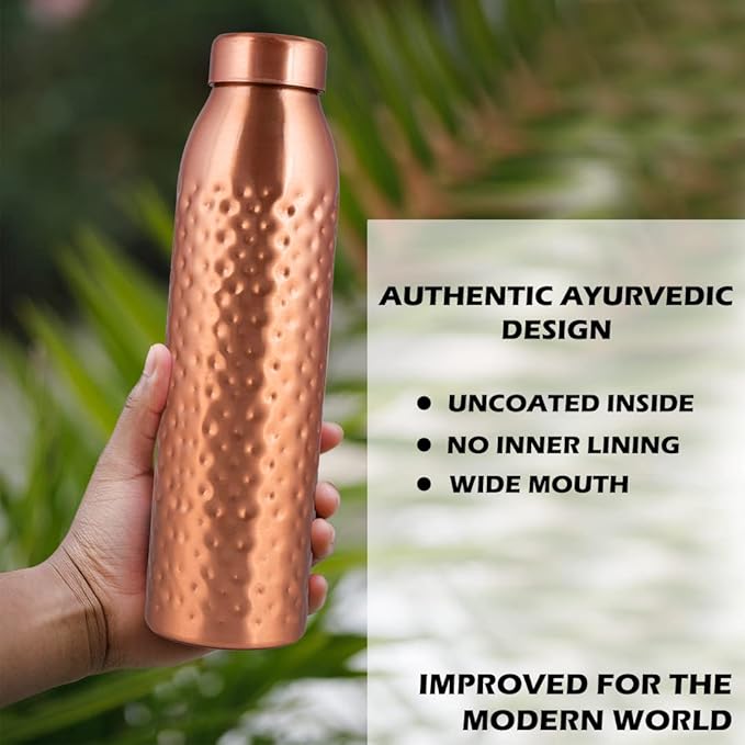 Copper Water Bottle 1Liter - Gift Box of 3, Hammered, an Ayurvedic vessel made from pure copper - helps you drink more water, with many health benefits