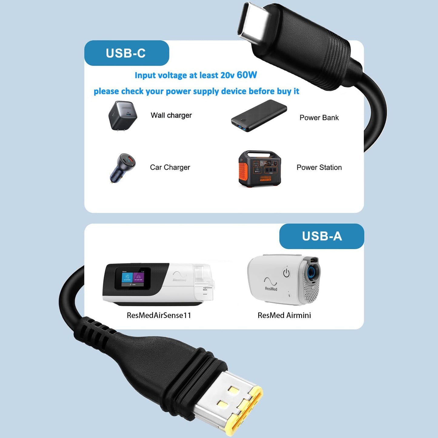 LUNENG 20V CPAP Power Cord for ResMed AirSense 11 AirCurve 11 & AirMini CPAP Machines Power， CPAP Charger DC Coverter Cable Fit PD 20v Charging Head/ 65W Battery Backup/Power Station/Power Bank