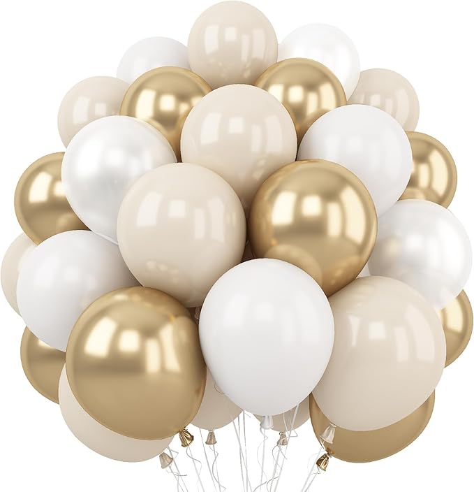Togvu White and Gold Balloons, 12 Inch White Sand Gold Metallic Latex Balloons, Beige Gold Party Balloons for Boho Birthda...