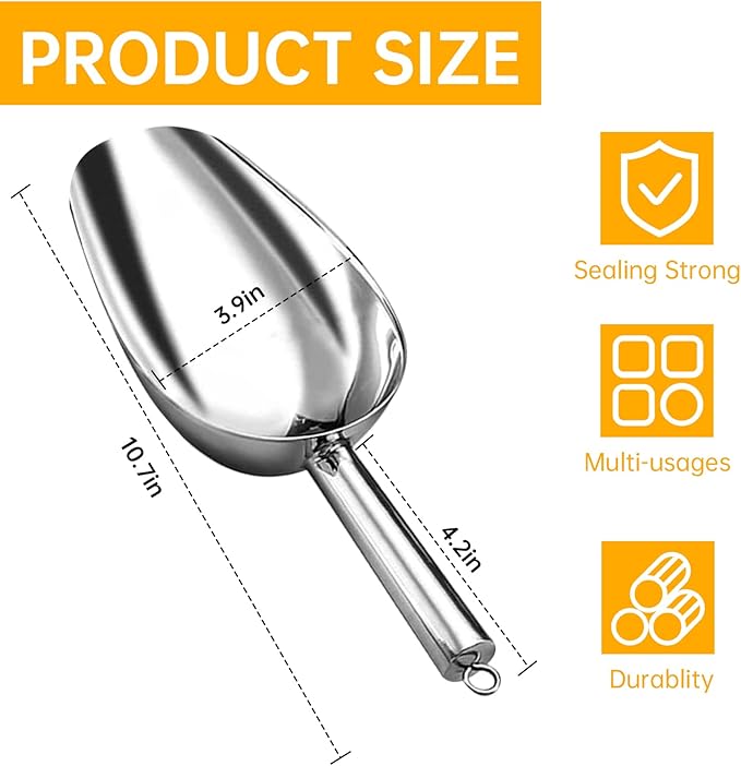 Metal Ice Scoop，Kitchen Ice Scooper for Ice Maker,Stainless Steel Small Ice Scooper for Freezer，Kitchen Gadgets Cookie Flour Pet Dog Food Scoop (Silver, 10 OZ)