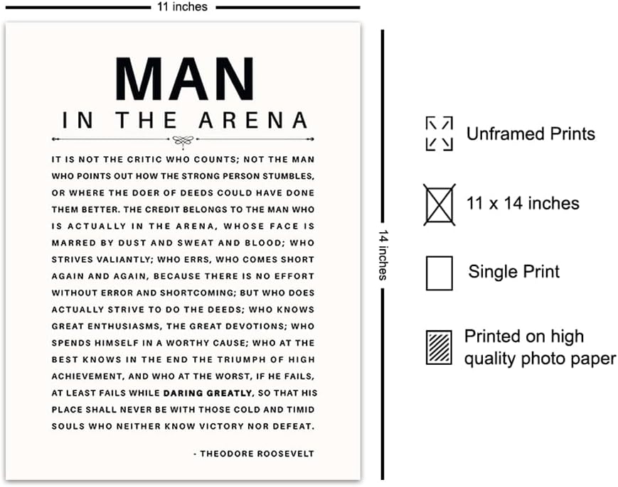 LARGE 11X14 - Man in the Arena - Inspirational Quotes - Teddy Roosevelt Poster - Motivational Gifts for Men, Boys, Teens, Entrepreneur - Office, Living Room, Bedroom Wall Art Decor - Daring Greatly