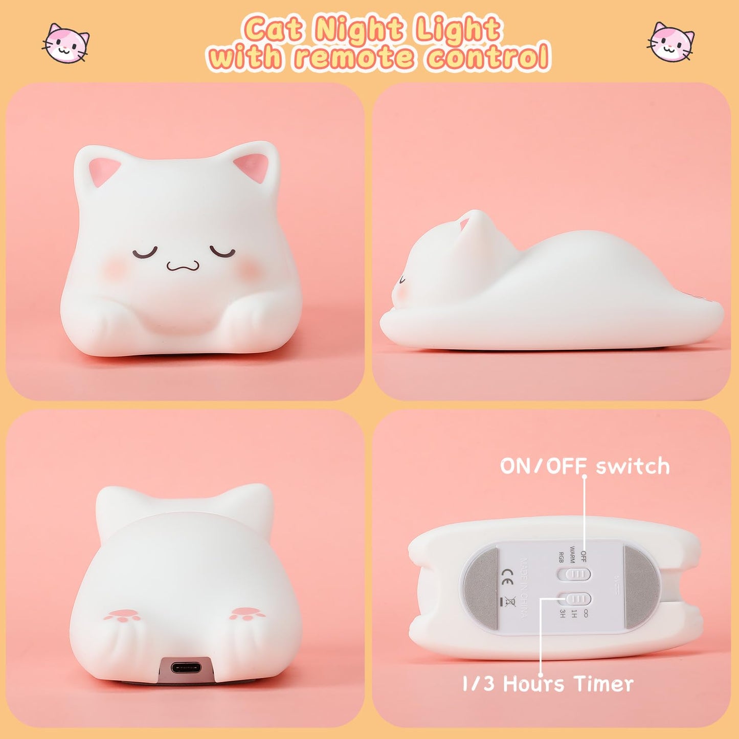 Loveruis Cute Night Light For Kids Cat Night-Light Baby Girl Squishy Nightlight 1/3 Hour Timer Kitty Light Dimmable Nursery Lamp Colorful Nightlight Gift For Kid Toddler Kawaii Bedroom (Cat)