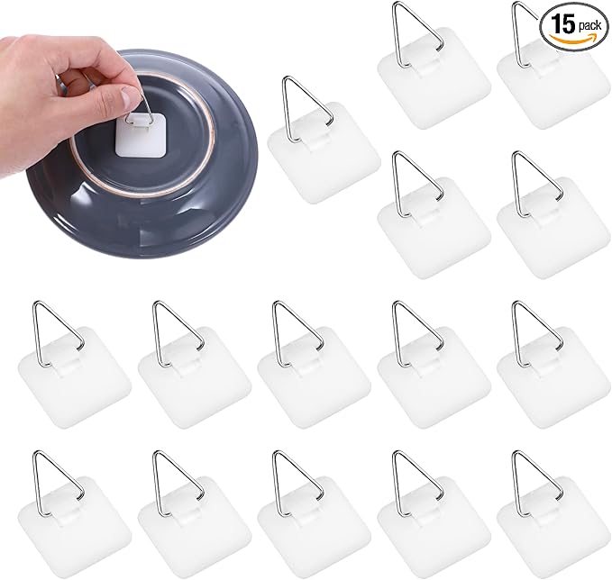 Grevosea 15 Pcs Wall Plate Hangers, Adhesive Picture Hangers Frame Hangers Without Nails Picture Hanging Hooks Plate Holders for Displaying Decorative Plates and Wall Art