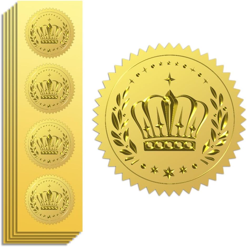 Peacoblue Gold Foil Stickers Seals Official Embossed 2 Inch 100Pcs Crowns, Self Adhesive Gold Around Embossing Medal Stickers for Certificate Paper, Student Reward, Awards, Envelope Seals